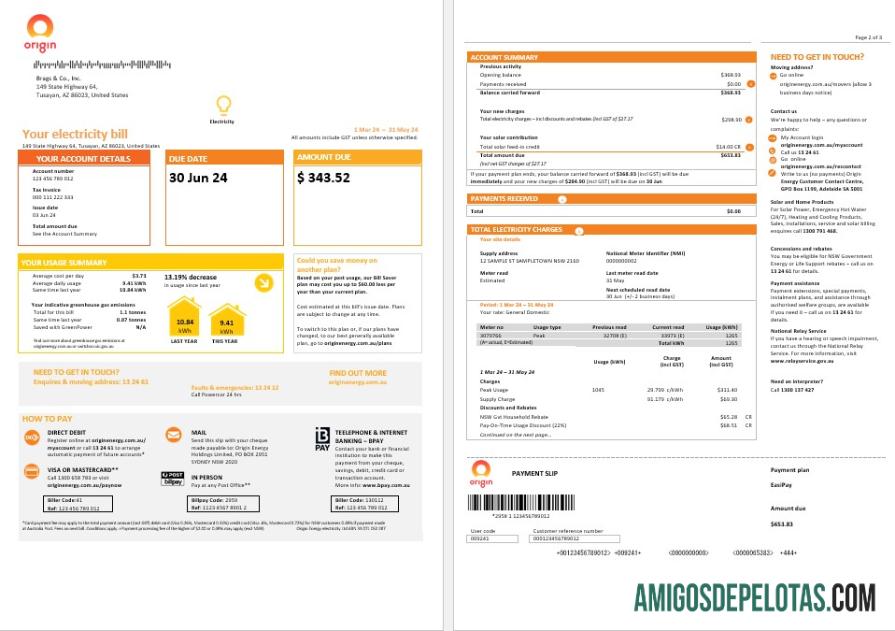 em branco Austrália Nova Gales do Sul (NSW) Origem Modelo de conta de serviços públicos de eletricidade em formato Word e PDF 1 2 páginas